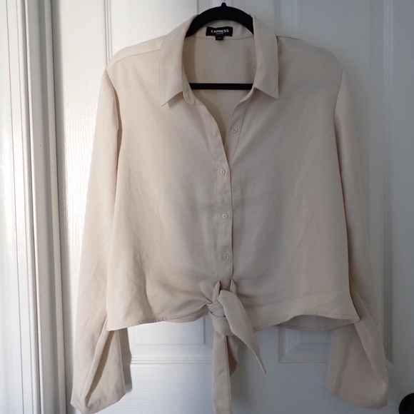 Express Cream Satin Front Tie Portofino Blouse - Picture 1 of 7